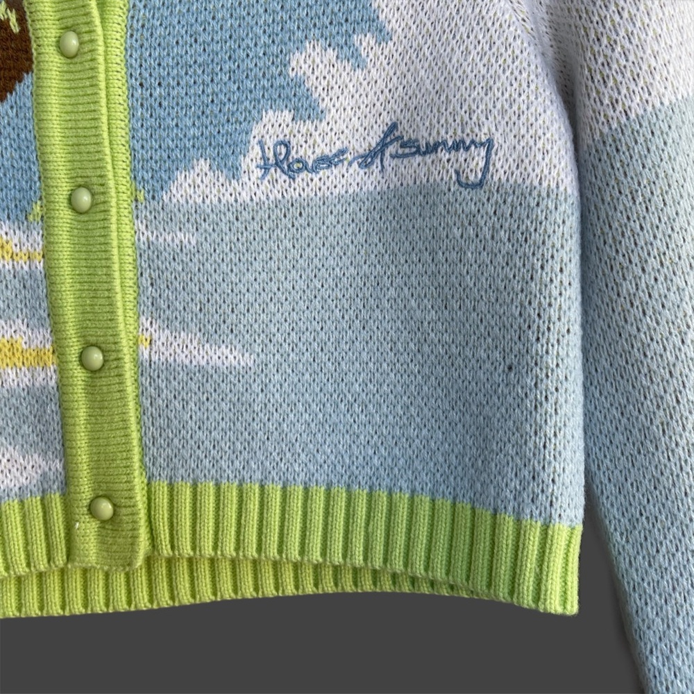 HOUSE OF SUNNY Lime Green Blue Tropical Knit Cropped Collared Cardigan Sweater - Picture 12 of 17